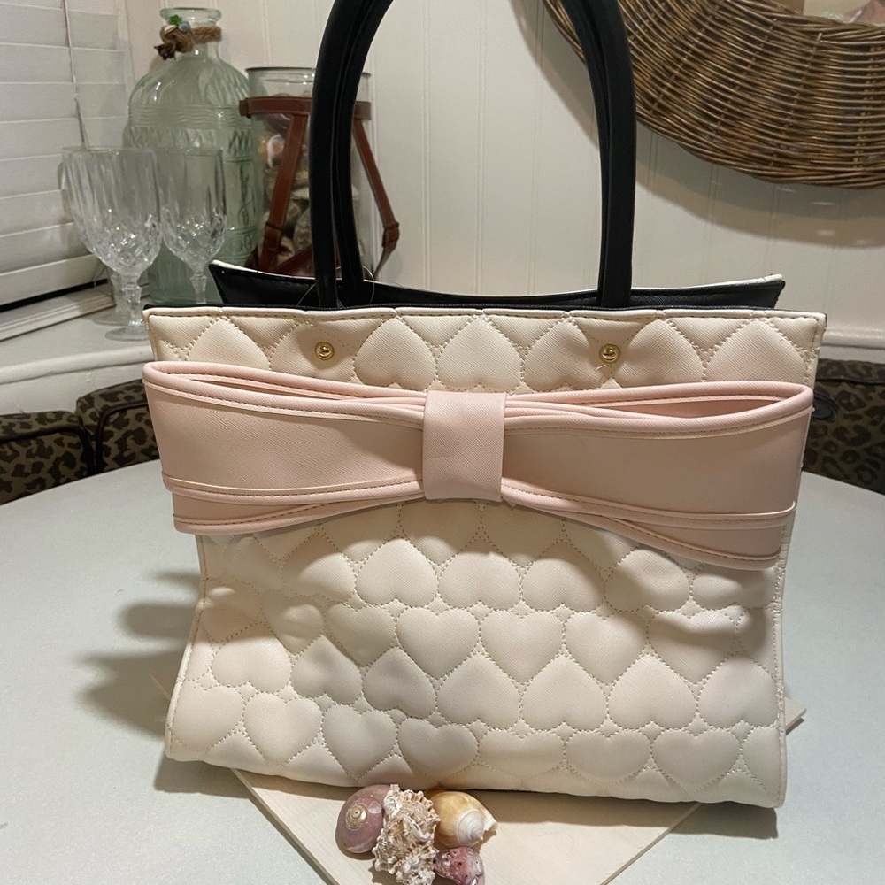 Betsey Johnson Cream and Pink Tote with Quilted Bow Design